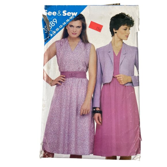 80s Butterick See & Sew 3889 Sewing Pattern Size A 8-18 Jacket Dress Unlined CUT - Picture 1 of 6